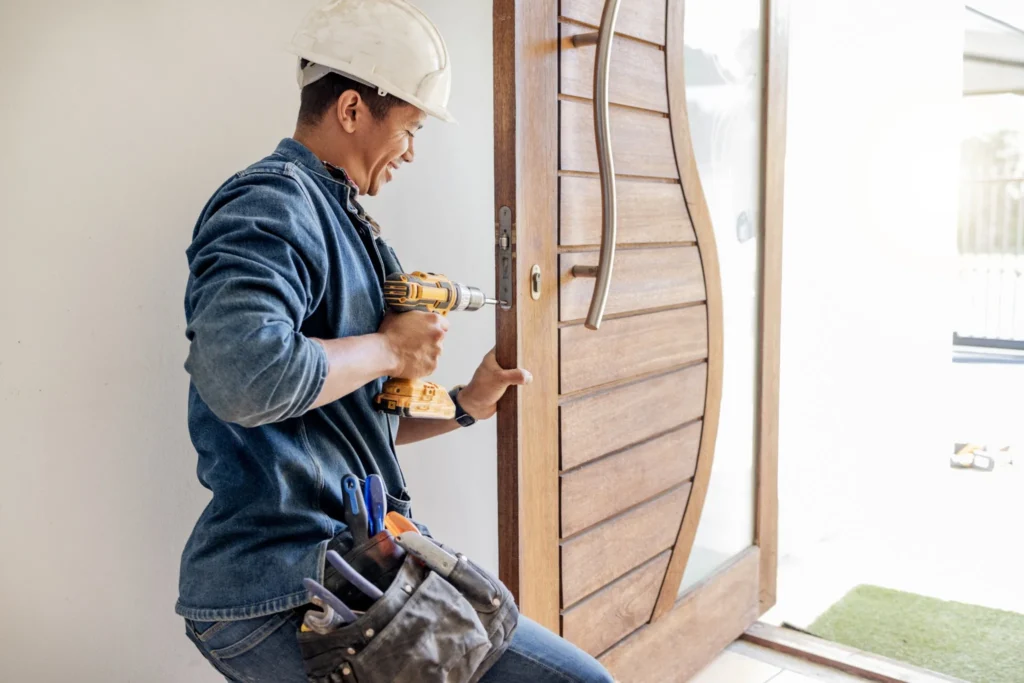 Professional contractor installing a residential front door, representing one of the best door installation companies in the Bay Area for entry door replacement and installation services.